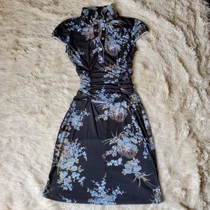 RAMPAGE, Y2K Black Traditional Mandarin Style Dress, Cartwheel Floral, Size M